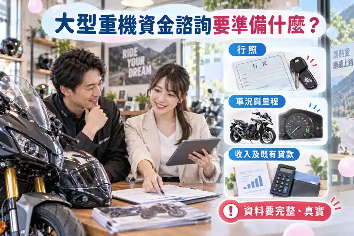 大型重機資金諮詢要準備什麼?先分清借法,再整理4類資料主題示意