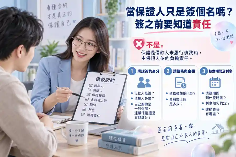 當保證人只是簽個名嗎?簽之前要知道責任主題示意