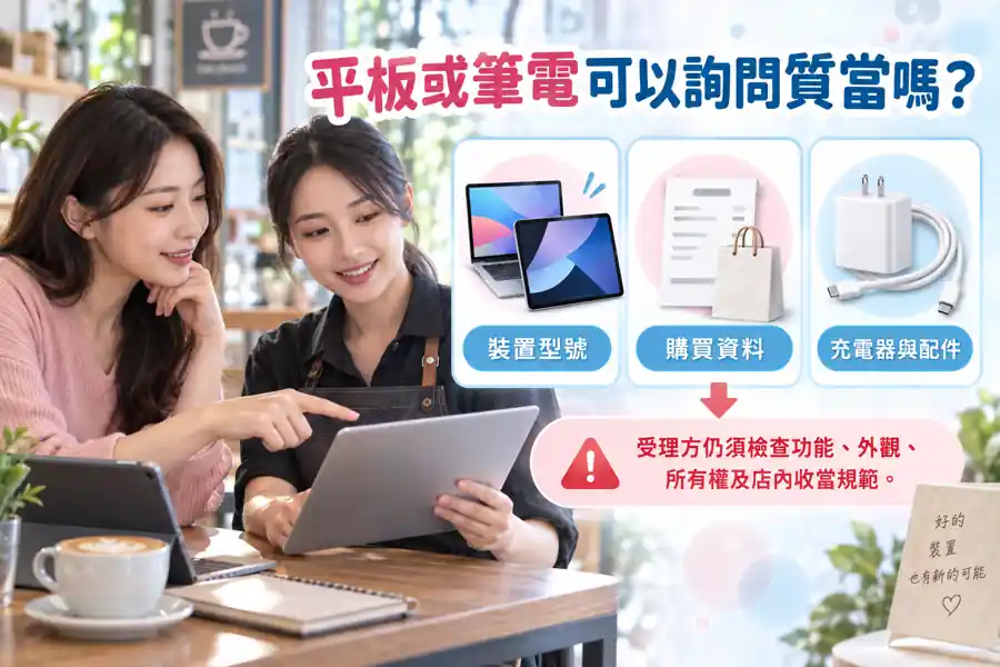 平板或筆電可以詢問質當嗎?先保護資料,再核對當票與取贖金額主題示意